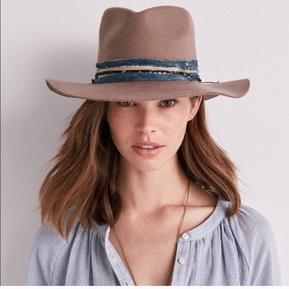 Lucky brand boho wide brim hat 100% wool tan blue